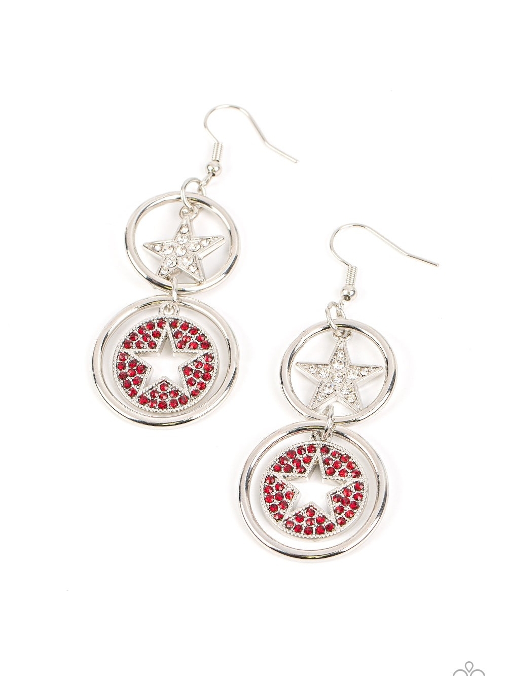 Silver Star Drop Earrings with Red Crystal Accents Paparazzi